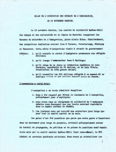 Bilan de l’occupation des bureaux de l’immigration Novembre 1973 / Courtoisie de Suzanne Chartrand – Comité Québec-Chili