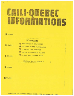 Bulletin Chili-Québec Informations Nº1 Novembre 1973 / Courtoisie de Suzanne Chartrand – Comité Québec-Chili