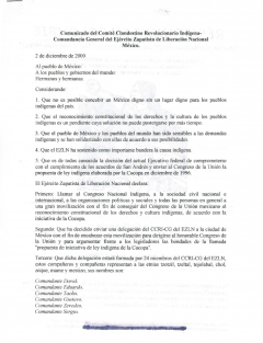 Comunicado del Comité Clandestino Revolucionario Indígena, EZLN, 2 décembre 2000