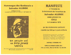 Manifeste à l’occasion du 3e anniversaire de l’investiture de Salvador Allende Novembre 1970/ Courtoisie de Suzanne Chartrand – Comité Québec-Chili