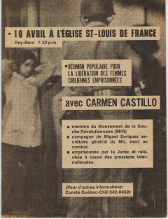 Réunion populaire pour la libération des femmes chiliennes emprisonnées avec Carmen Castillo 18 Avril 1975 / Courtoisie de Suzanne Chartrand – Comité Québec-Chili