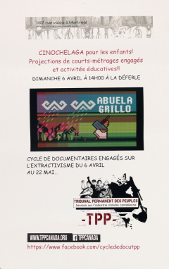 Présentation du Cinochelaga à la Déferle, film engagé sur l’extractivisme pour les enfants, avril-mai 2014