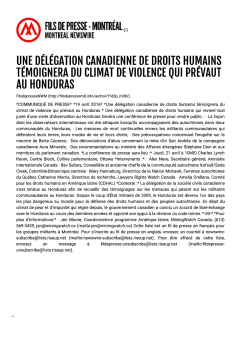 File de presse Montréal, comuniqué de presse, Une délégation canadienne de droits humains témoignera du climat de violence qui prévaut au Honduras, 19 avril 2016