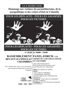 Hommage aux victimes du paramilitarisme, de la parapolitique et des crimes d’état en Colombie, 6 mars 2008
