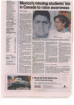 Mexico’s missing students’kin in Canada to raise awareness , Montreal Gazette, 21 avril 2016