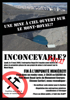 Une mine à ciel ouvert sur le Mont-Royal, Coalition pour que le monde ait meilleure mine, 11 mai 2009
