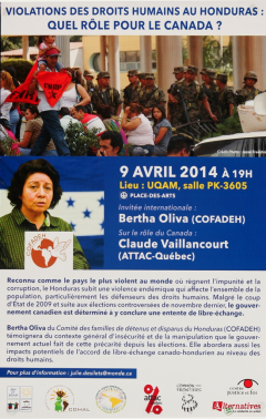 Violations des droits humains au Honduras, Quel rôle pour le Canada. Conférence de Bertha Olivia et Claude Vaillancourt, 9 avil 2014