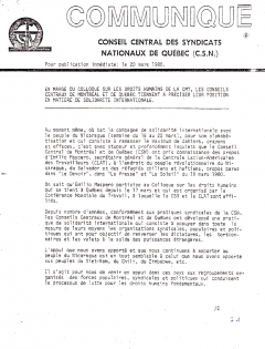 Communiqué de la CSN à propos de leur position en matière de solidarité internationale, 20 mars 1980