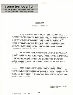 Communiqué du Centre justice et foi, 17 novembre 1989