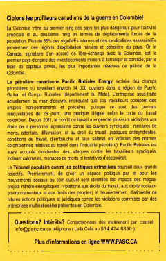 PASC, Ciblons les profiteurs canadiens de la guerre en Colombie, militantEs recherchées, 2013