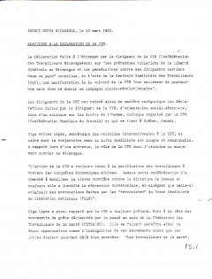 Réactions à la déclaration de la CTN. Agence Nueva Nicaragua, 20 mars 1980