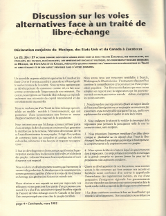 Discussion sur les voies alternatives face à un traité de libre-échange. Caminando, mars 1992, vol. 12, no. 4, pp.4-6