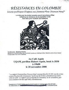 Soirée Résistances en colombie du CCDHAL, 28 novembre 2000