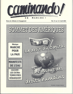 Sommet des Amériques. Couverture Caminando, vol. 21, no.3-4, avril 2001